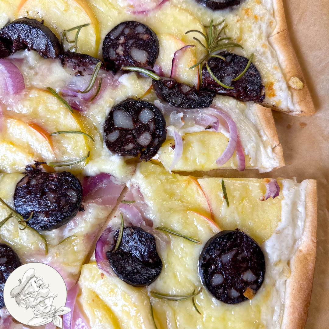 Tarte flambée with apple and black pudding